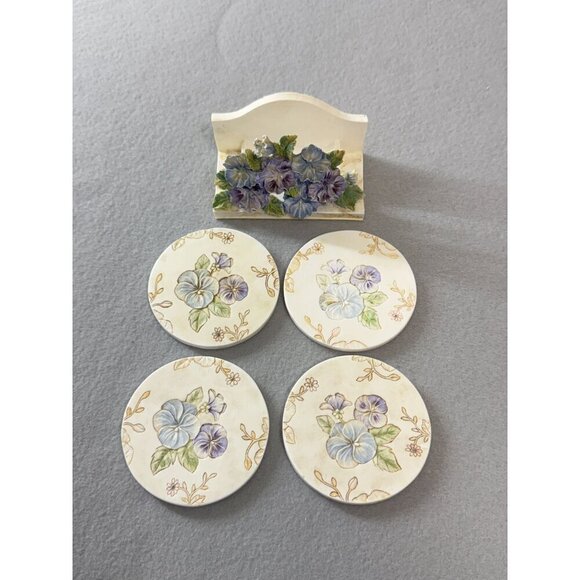 Vintage Ceramic Pansy Flower 3D Sculpture Coaster Holder with Coasters - Picture 10 of 10